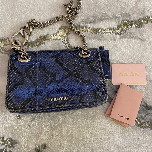 Miu Miu Club  Blue  Python Chain Flap Bag, - Picture 6 of 12